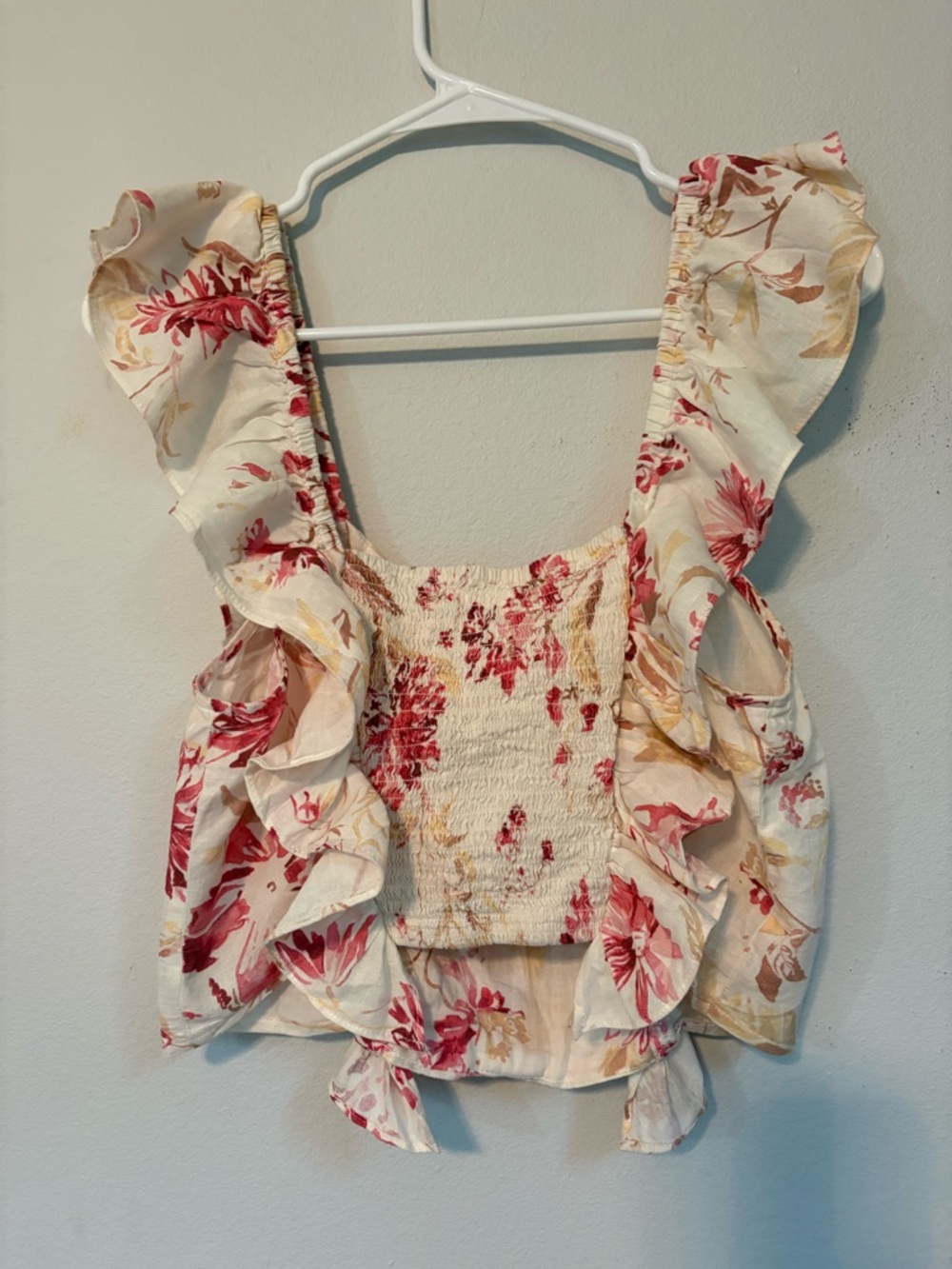 H&M Crop Floral Ruffle Smocked Women's Top Pink/Cream Linen Blend Size M - Picture 4 of 11